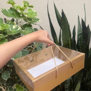 HAMPER BOX WITH TRANSPARENT LID – GOLDEN (11/8/3″) – PACK OF 20 PCS